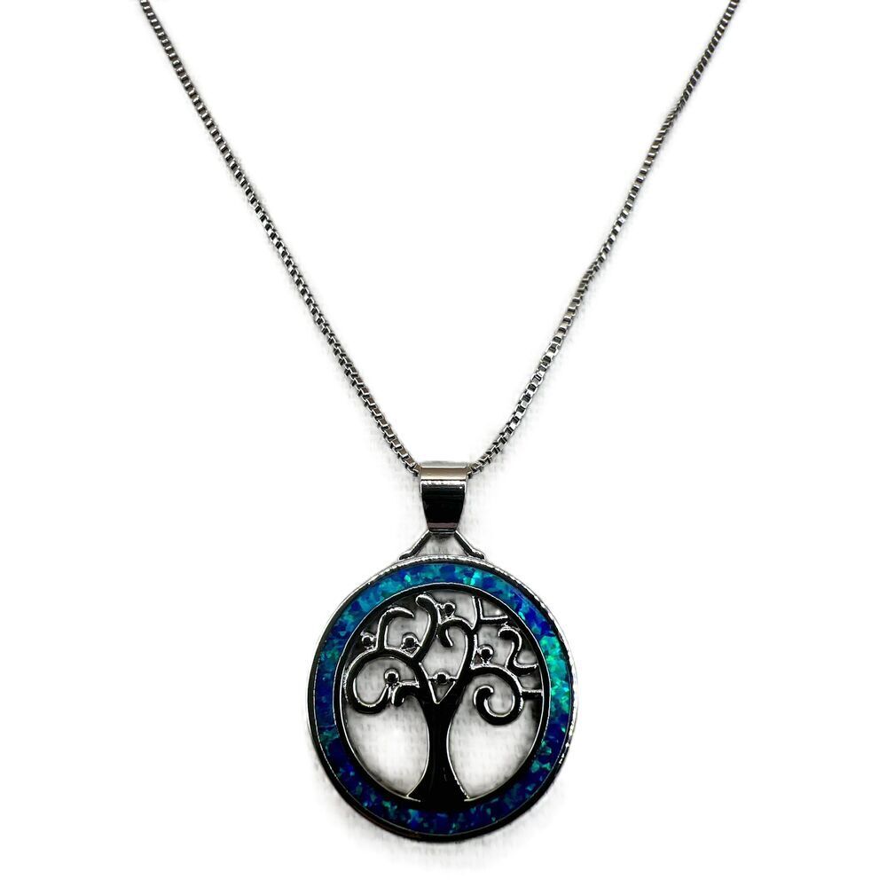 NEW Blue Opal Tree Of Life Round Pendant Silver Chain Necklace - Picture 3 of 8